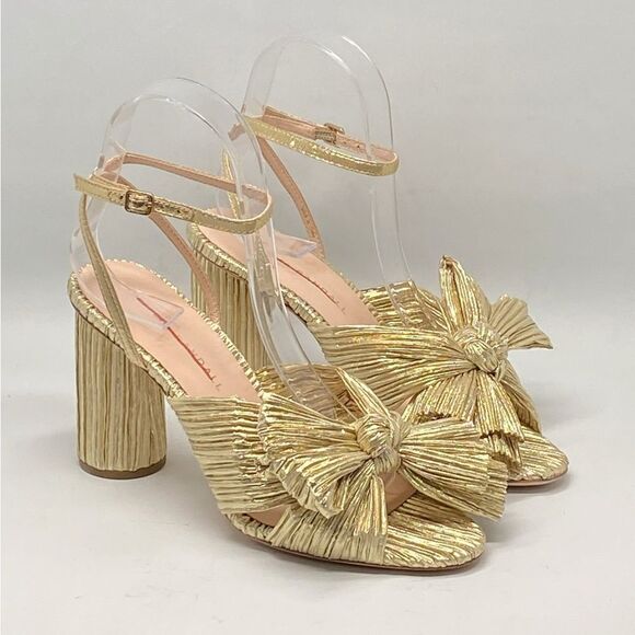 Loeffler Randall Camellia Gold Pleated Bow Heel Sandals size 6.5 - Picture 5 of 12